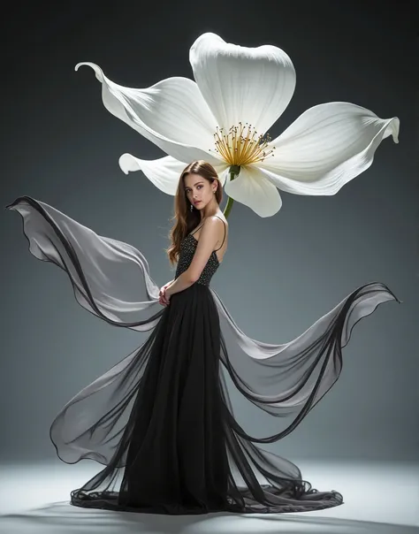 arafed woman in a black dress with a white flower, fine art fashion photography, inspired by Maciej Kuciara, exuberant organic elegant forms, takato yomamoto. 4 k, iris van herpen rankin, high fashion photography, draped in flowing fabric, flowing fabric, ...