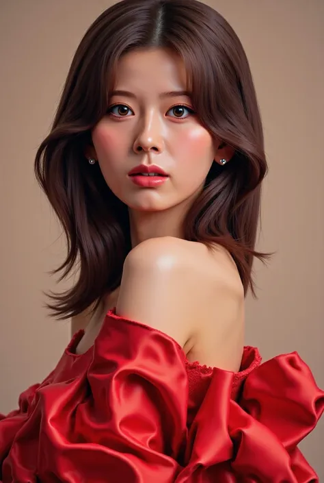 Beautiful Korean girl wearing red nighty 