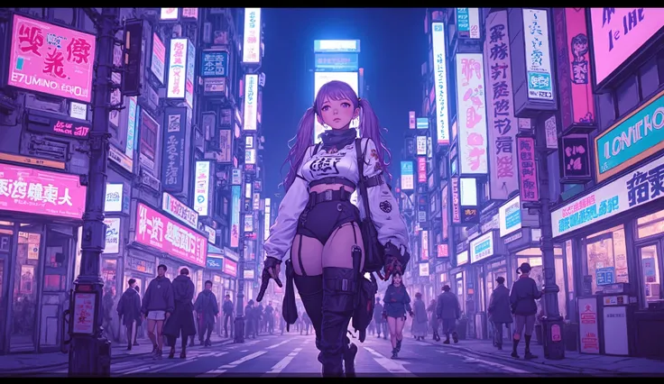  top quality　Ultra delicate　Japanese anime anime　 one pretty girl　Pink light　blue-purple scenery 　 The downtown area of the future　Strong shadows 　 strong contrast 　 cyberpunk　Big Breasts 　 twin tails　 twin tails