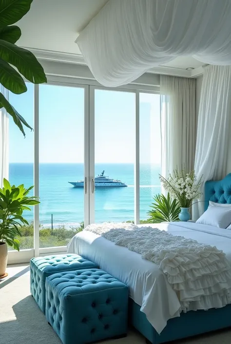 To create the first part of the image, use the following detailed prompt:

"A luxurious bedroom with a dreamy, oceanfront view, designed in a soft pastel blue and white color scheme. The room features an elegant, tufted blue bed with ruffled bedding, match...