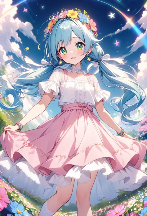 Generate an anime-style female character. She has long, wavy blue hair that fades to a light blue at the tips. Her hairstyle features large twin tails on the sides, adorned with white ribbons that have frills. Her big green eyes are accented with long eyel...