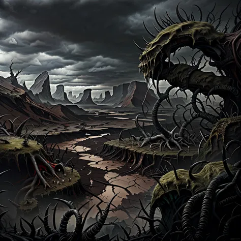   Cracked end open on the floor, Valley of Madness in the background  . thorns, chaos, devastation,   dramatic cloudy sky  . horror art, Unreal Engine,  Sketch color drawing. Inked art color, intricated, different details and variations. 