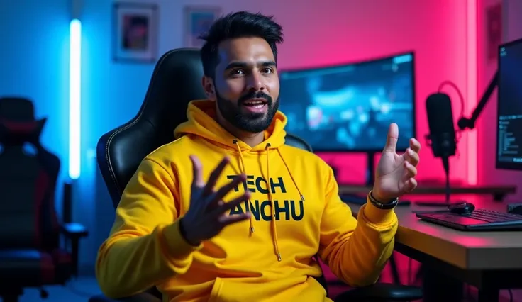 An  pakistan man sitting confidently on a modem gaming chair in his  Medicine office He is wearing a bright yellow hoodie with TECH PANCHU boldly printed on it. His face is clearly visible and expressive despite wearing a sleek black  The man is gesturing ...