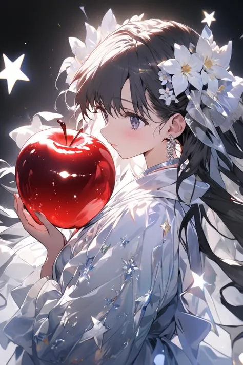  There is a girl inside the transparent crystal apple, The sparkling flowers and twinkling stars are inside the apple ,  The dark background makes the crystal apple stand out ,  high quality,  high resolution,  high contrast