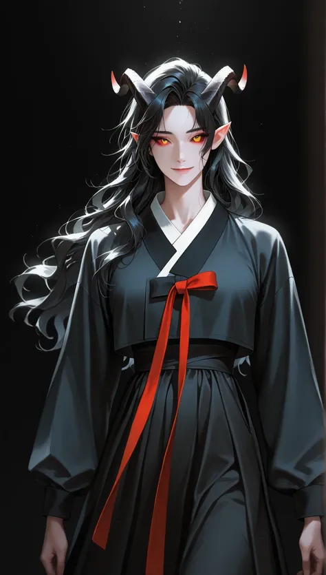 very aesthetic, 걸작, 고해상도, 8k 해상도, 매우 상세한, best_quality, finely_detailed_eyes_and_detailed_face, 1 여성, Tiefling, pointed ears, horns, colored sclera, black_hair, short_wavy_hair, parted_bangs, gray_skin , black_hanbok_shirt, black_hanbok_skirt, looking at v...