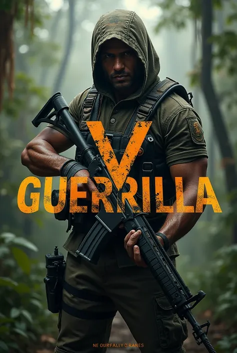  FREE FIRE-THEMED GUERRILLA FIGHTER WIELDING A WEAPON, AND WITH BIG LETTERS SAYING GUERRILLA-V  