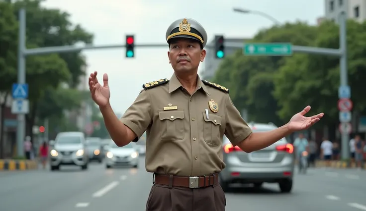 40 year old Indonesian man wearing a light brown Indonesian PDL police uniform with full attributes on his top and dark brown bottoms, with a white police hat, is directing traffic at a red light, with an Indonesian face, close up