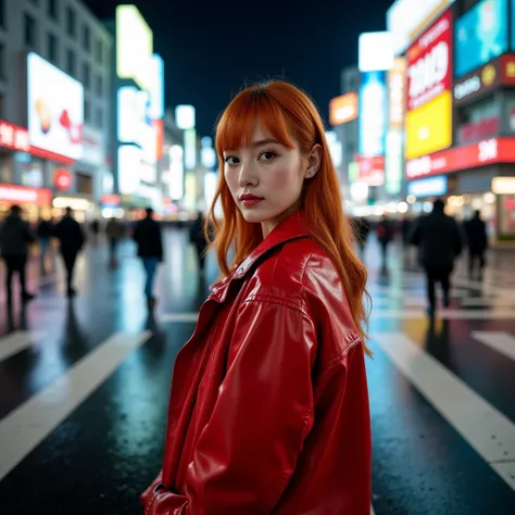 8k photo portrait of a redhead woman in a red raincoat, looking at the camera, at a bustling crosswalk in shibuya at night, Highly Detailed, Vibrant, Production Cinematic, reflections on wet street, 8k, film grain, 70mm, Portra 800