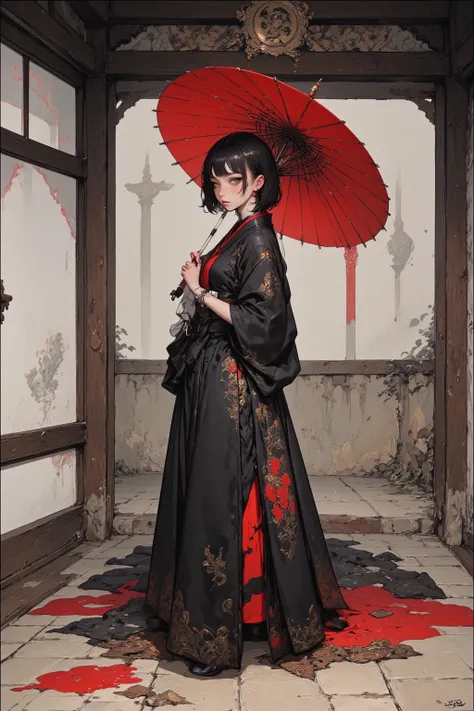  A Woman in Kimono in a Jet Black Mourning Dress ,Holding a traditional red Japanese umbrella, HD,Asymmetric, Visualization of the Inner World of a Crazy Spirit ,Every detail, Hidden Details , edgy ink comics ,Resonance of Ripples ,Japanese-style entrance ...