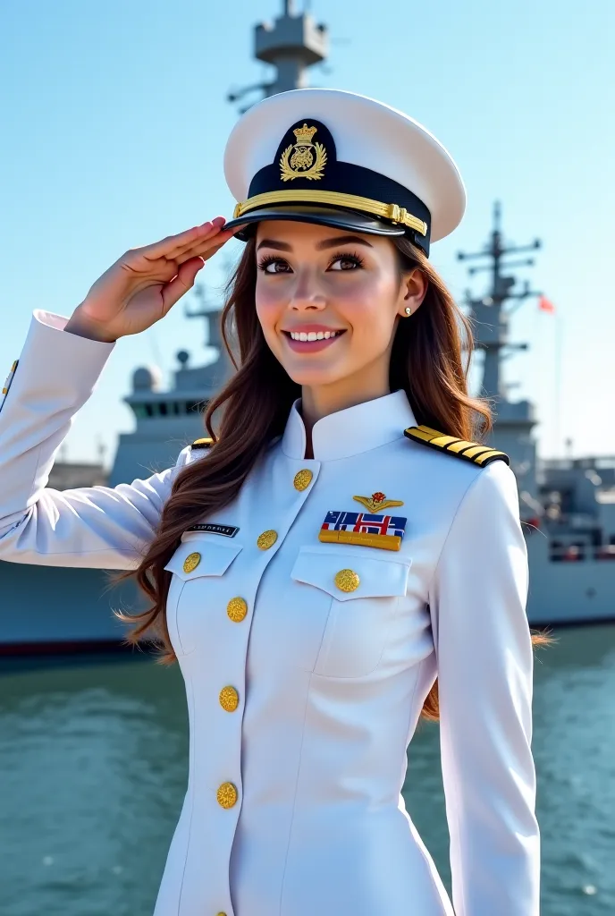 
" A beautiful female soldier in a elegant marine uniform ,  that is on board a warship .  She wears a white officer's cap with a gold emblem and salutes with a self-confident attitude .  Her uniform is perfectly cut , with golden buttons ,  shoulder badge...