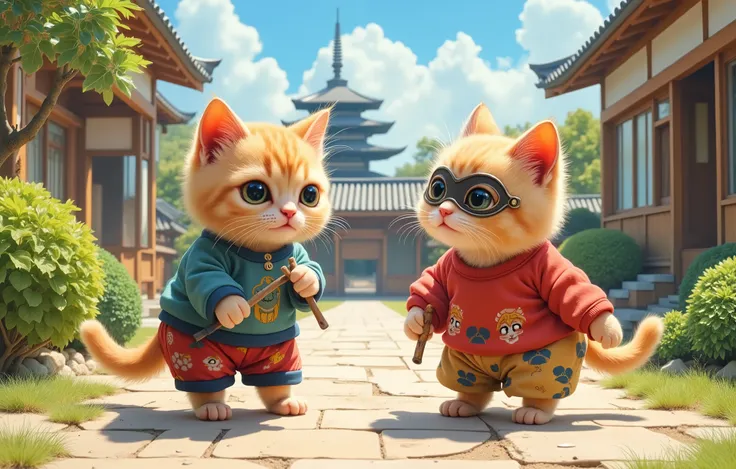  a baby cat drawn in size 25, 2 adorable baby cats ,smile, daytime,,Detailed and realistic coat ,, The background is the garden of a Japanese house , a realistic cat standing on 2 legs , eyes look like beautiful marbles, 1 cat wears a demon mask , demon pa...