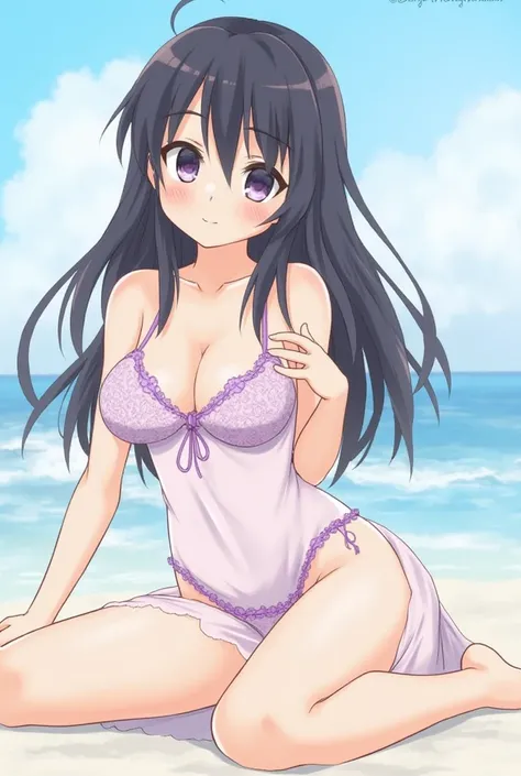   Best Quality,masterpiece, View ,absurd,up to date,grade:  Generally speaking , (Hinata,  1 girl, hyuuga Hinata,   Purple Eyes  ,White eyes,   Long black hair ),purple lace bikini , sexy daytime gown lingerie,   blush , Smile, ,  cowboy shooting, seaside,...