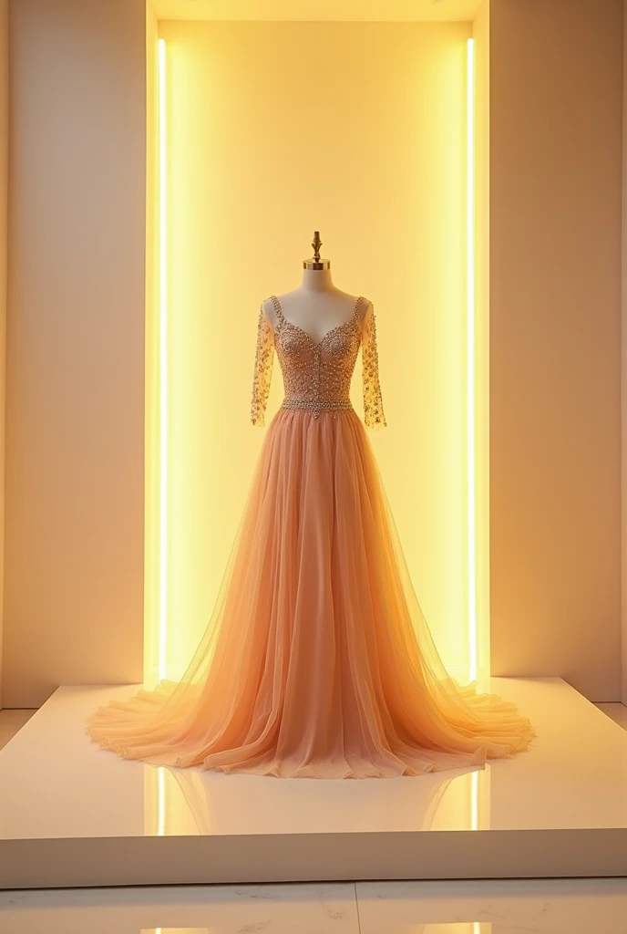 Create premium white background with yellow lights like stunning interior background of fashion shop featuring 5 Pakistani wedding dresses, one dress is in the center, attractive and aesthetic background banner