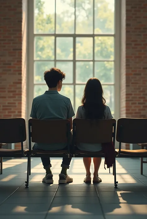 a 20 year boy and girl sat in silence side by side on a long chair inside university