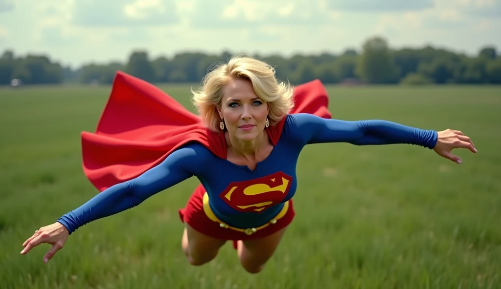 Supergirl, from the 1984 movie 1, flying over a green field; Windows XP wallpaper landscape;pixie cut elegante large breasts; long gold/red hair; 60 years old))) Super old woman  full body; stretched in the air, confident, powerful, indestructible, attract...