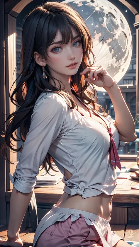 Lori anime girl ,  realistic shadows,  detailed skin,   very small breasts ,   black hair,  very detailed, 8K high resolution face , Perfect Face Shape, Perfect Lips, Perfect Nose,  beautiful eyes,  Viewer,  white shirt, Bright Moon,  Masterpiece,  top qua...