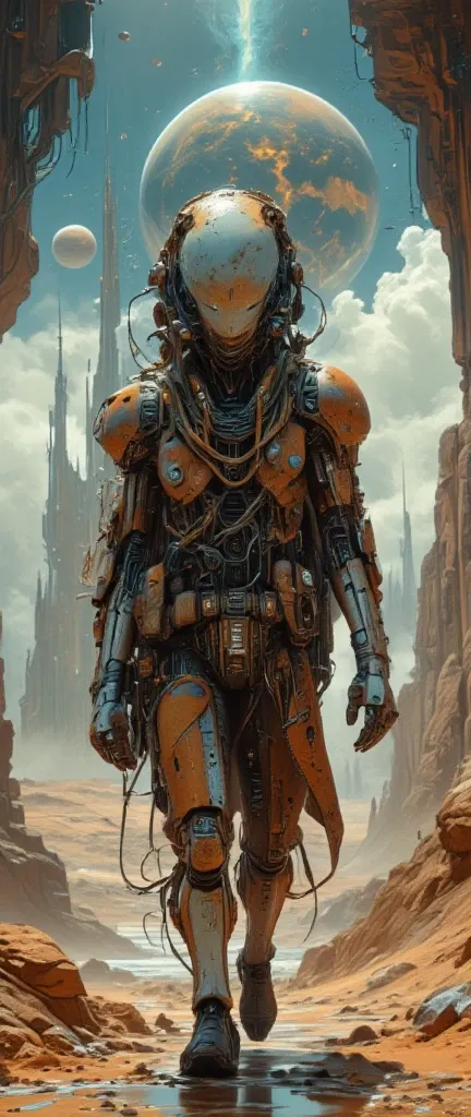 
A cyberpunk digital painting depicting an old rusty robot that sadly wanders through an alien landscape.Its design resembles a medieval knight in armor. The parts and assemblies are made of weathered, rusty metal with complex mechanical components, groove...