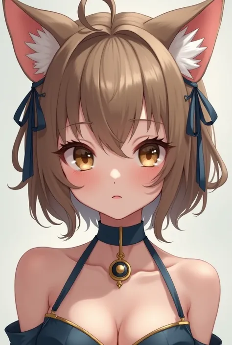 /Imagine a realistic woman with Nekomimi traits ( human with feline features ).  she has short hair ,  slightly wavy and light brown ,  with a fringe divided by half and a few loose patches over the forehead .  His ears are large ,  pointed and covered wit...