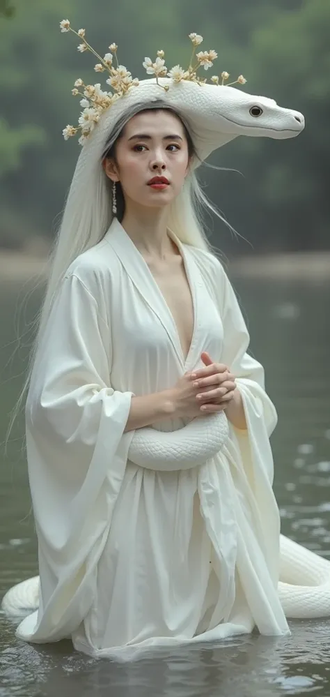  A white snake disguises himself as a beautiful woman frolicking by the stream， He wears a white robe ，Comb with single bag， He wears a golden floral hairpiece ， breasts are splashed with water flowers ， If hidden, it's very sexy ， He is wrapped around a w...