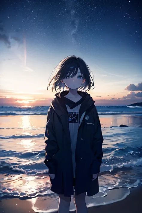 a lonely girl standing on a beach looking up at the starry night sky, tears in her eyes, detailed facial features, dramatic lighting, cinematic composition, muted color palette, atmospheric, melancholic, photorealistic, 8k, high quality, masterpiece