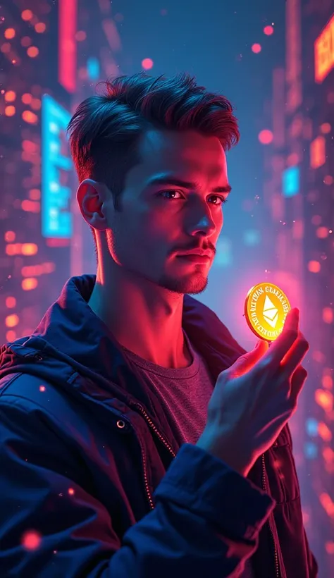 Etherium founder Vitalik Buterin holding A Shiba Inu Crypto Coin In His Hand, Glowing Neon Effect , In Background Blockchain and lots of GPU 