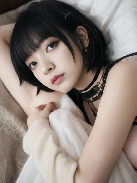      top quality , 8k,      1 Japanese woman 、     beautiful face 、     gothic makeup     、Big Breasts、    on the bed    、      front angle 、  Crotch and creebeige        、  Exposed Muscles、     short hair、    nape and chest close-up、  lies down