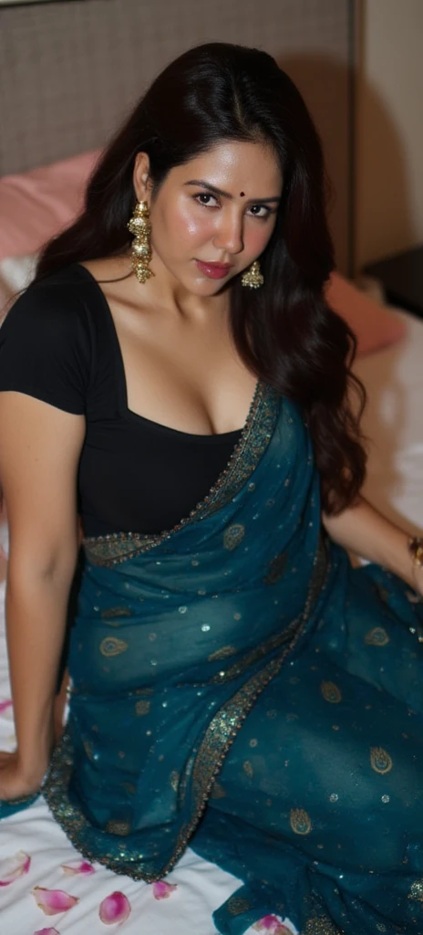 Perfect curvy  Indian  wife with dark peacock blue organza net saree, deep neck cleavage black blouse, fit and busty woman, HDR, 8k, hyper detailed, best quality, ultra-high resolution, HDR, 8k, sitting on the bed partially covered with flower petals, look...