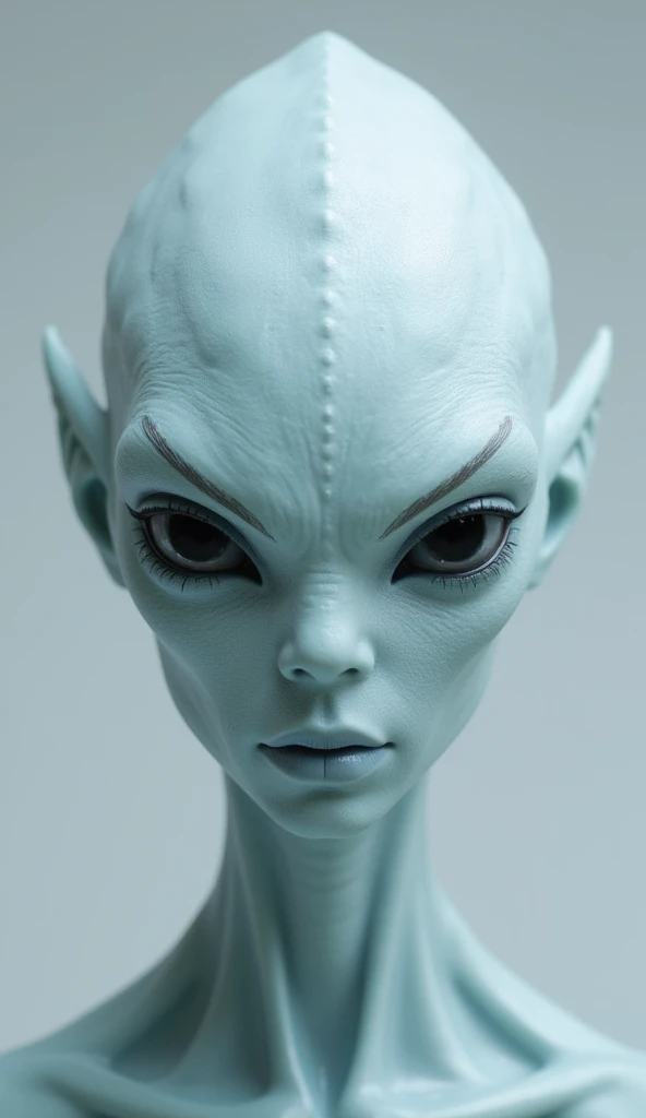 High resolution high quality high details alien head egg shape actually short hair pointed ears scaly skin pale blue skin uniform background laboratory