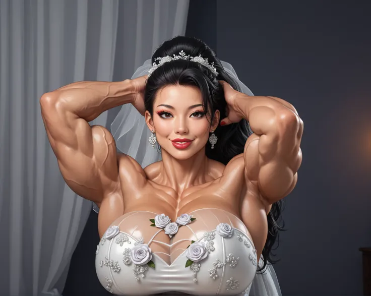 score_9, score_8_up, beautiful__asian solo girl,  deep stare smile, wedding dress, chocker, tussling hair, (large breasts muscular big ass large_bulging_inflated_muscles body_abs_vascular)), red fingernails, (long beautiful black hair:1.3), lips_fulllips_l...