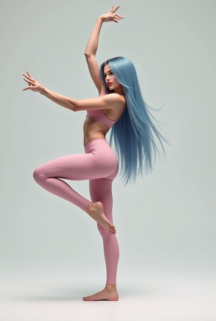 lady long blue hair gymnastics stretching legs, big glutes, light pink leggings