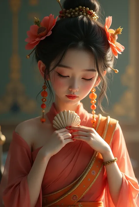 A beautiful girl in a Thai dress has a sash on her ears with a pomegranate flower, her right hand holds a conch, her left hand holds a shell, sleeps her eyes on the back of an empty nurse.