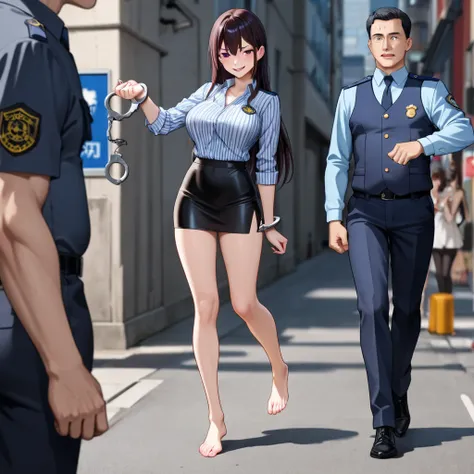  An anime crazy barefoot bad girl，On the Street，Crazy Laughter，Handcuffed by a Public Security Bureau man ， bad girl wearing a striped top black tight skirt，Public Security Bureau man handcuffs bad girl's hand