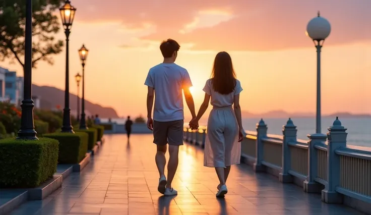 Close-up、Young Japanese couple 、Back view of walking along a summer seaside promenade、Twilight