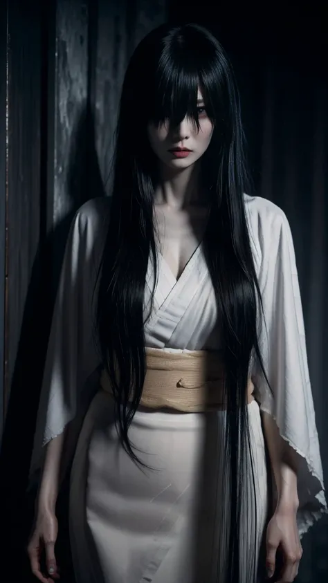 solo,  high resolution,  Masterpiece, accurate,  top quality,  super high heels,  textured skin, woman、4K、((The background is standing in a dark Japanese-style room at midnight)),  big breasts、ghost、 white kimono、(((Black hair to hide eyes))), Pale look、 D...