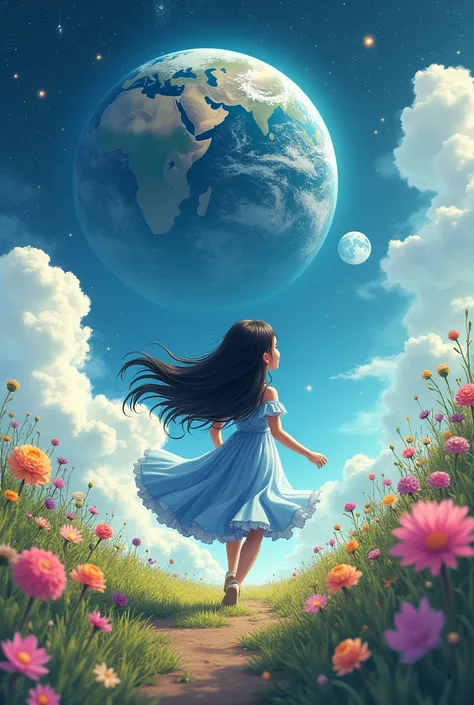 A girl wearing a wide blue dress and long black hair running between flowers with the planet Earth in front of her and the moon, stars and a moon in the sky