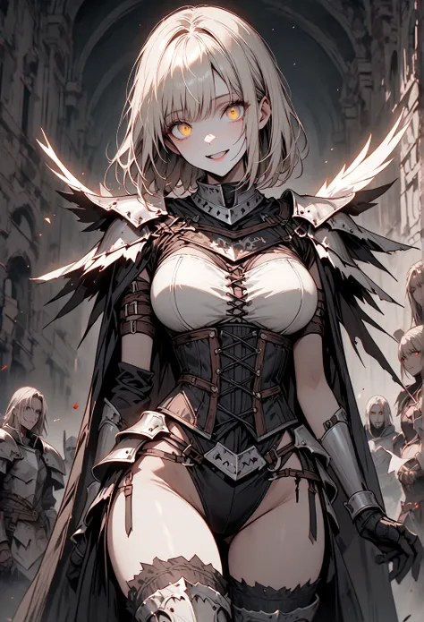 Alone, woman,  tall , cowboy shot,  IS HE ALIVE, armor, knight, armor corset,  Thigh High Boots ,  yandere, Big Breasts,  very short hair,  straight hair,  platinum blonde ,  long legs ,  thighs, Pale yellow eyes, smile, , ,  was excited,  open color,  Fla...