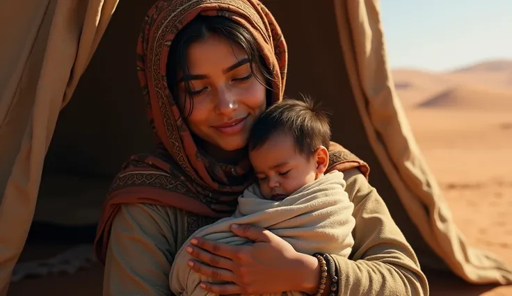 Create a picture of a Bedouin mother holding a baby