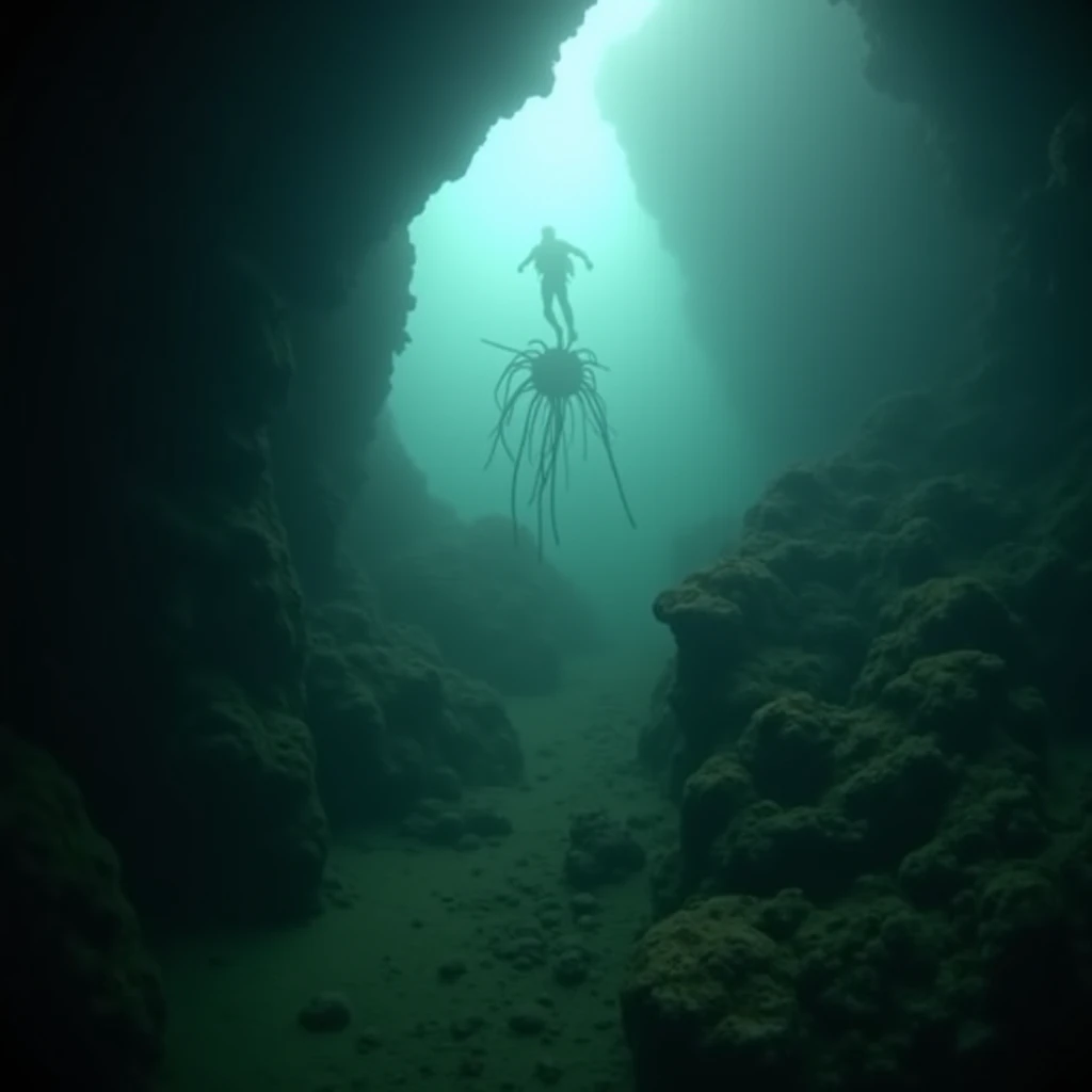 A recovered GoPro screenshot from a deep-sea diver’s helmet camera, timestamped from a dive in an unexplored underwater cavern system. The murky water is illuminated by the diver’s flashlight, revealing jagged rock formations. A trail of bizarre black cora...