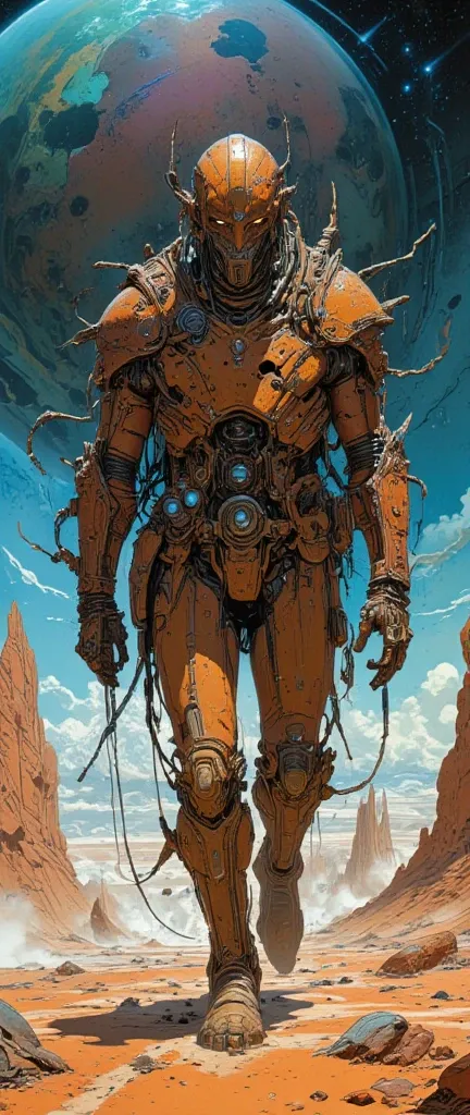 
A cyberpunk digital painting depicting an old rusty robot that sadly wanders through an alien landscape.Its design resembles a medieval knight in armor. The parts and assemblies are made of weathered, rusty metal with complex mechanical components, groove...