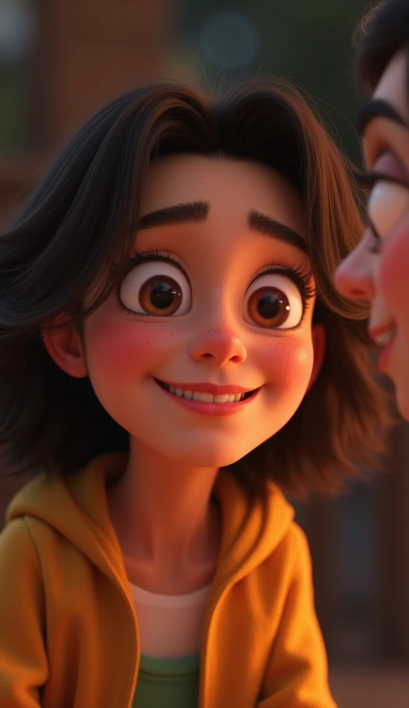 "A Disney-Pixar-style close-up of Lyra’s face as she smiles warmly and says, 'No, thank you.' The background is blurred, showing Ethan looking confused, highlighting the moment of empowerment."
