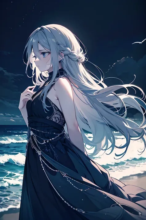 A beautiful girl in a long flowing dress, standing alone on a beach at night, gazing up at the stars with a melancholy expression, her face in profile, singing a sorrowful song, (best quality,4k,8k,highres,masterpiece:1.2),ultra-detailed,(realistic,photore...