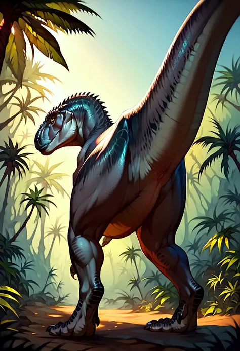 score_9,score_8_up, score_7_up,score_6_up, score_5_up, realistic, detailed background, atmospheric lighting, tyrannosaurus, dinosaur, solo, feral, therapod, yellow eyes, grey body, scales, kaijuu , dense vegetation, tropical forest, BREAK cowboy_shot, thre...