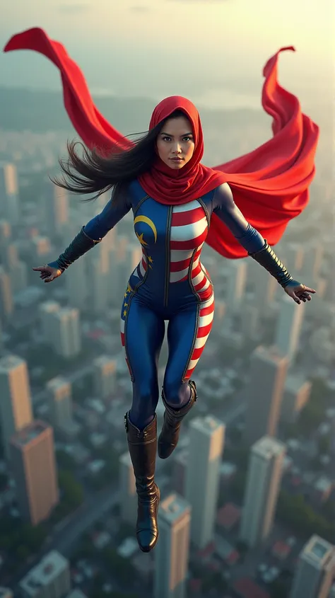 Hijab woman catsuit cape gloves boots long flying superhero from Malaysia flag 