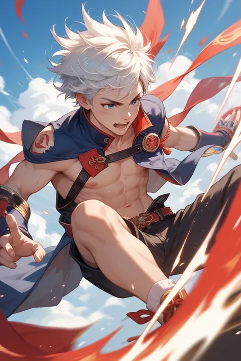 A young man white hair with the power of a Chinese god is exploding in the air.