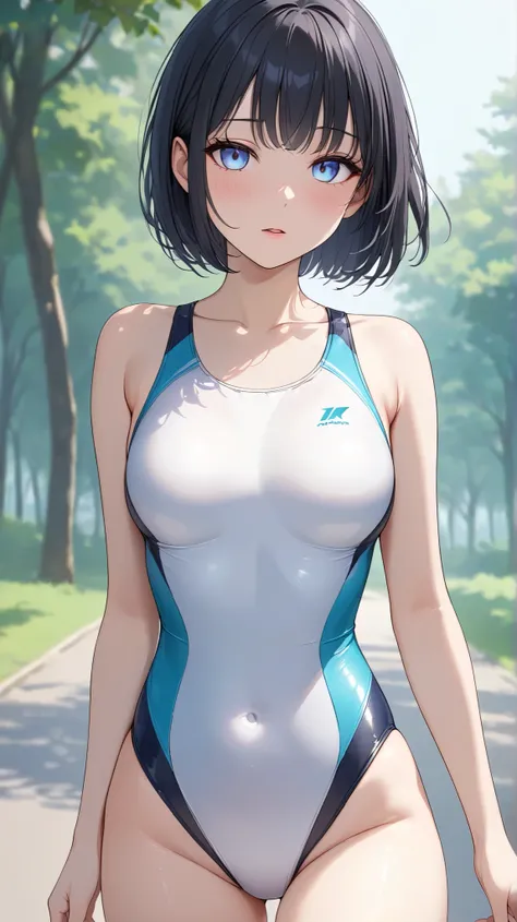 (masterpiece,best quality,ultra detailed,high resolution),(reslistic:0.5),a woman,short-hair,straight-hair,beautiful eyes,fair-skin,competition swimsuit,walking on the park,