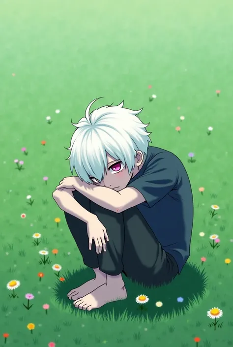  white hair,  pink eye  , a sad look  ,  sitting with his head on his knees  ,  surrounded by a green lawn dotted with a few flowers