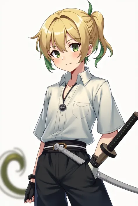  is cut off by a young guy,  Anime style , beige hair, green strand ,  fluffy short hair ,  pigtail on the side ,  white shirt,  black hunter uniform,  full-length tail, White Katana,  black gloves,  silver neck medallion