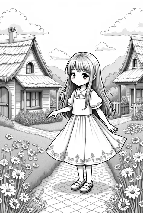 make a coloring book about cute girl in villages