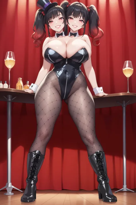 2heads, a tall thin woman with 2 heads, black hair, twintail, long hair, black and red gradient hair, red eyes, top hat, black zipper leotard, black fishnet pantyhose, pantyhose, knee boots, She is inside a Circus. standing on stage, table, large breasts, ...