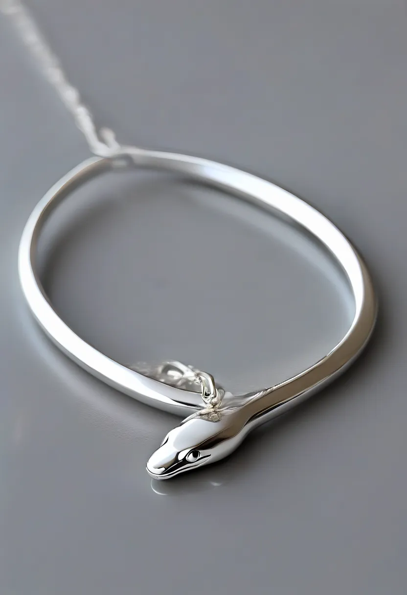 sliversnake, detailed head,silver necklace,sleek silver bracelet, detailed snake head, unique design, snake shape, smooth polished, snake design,silver bracelet, shiny reflective surface